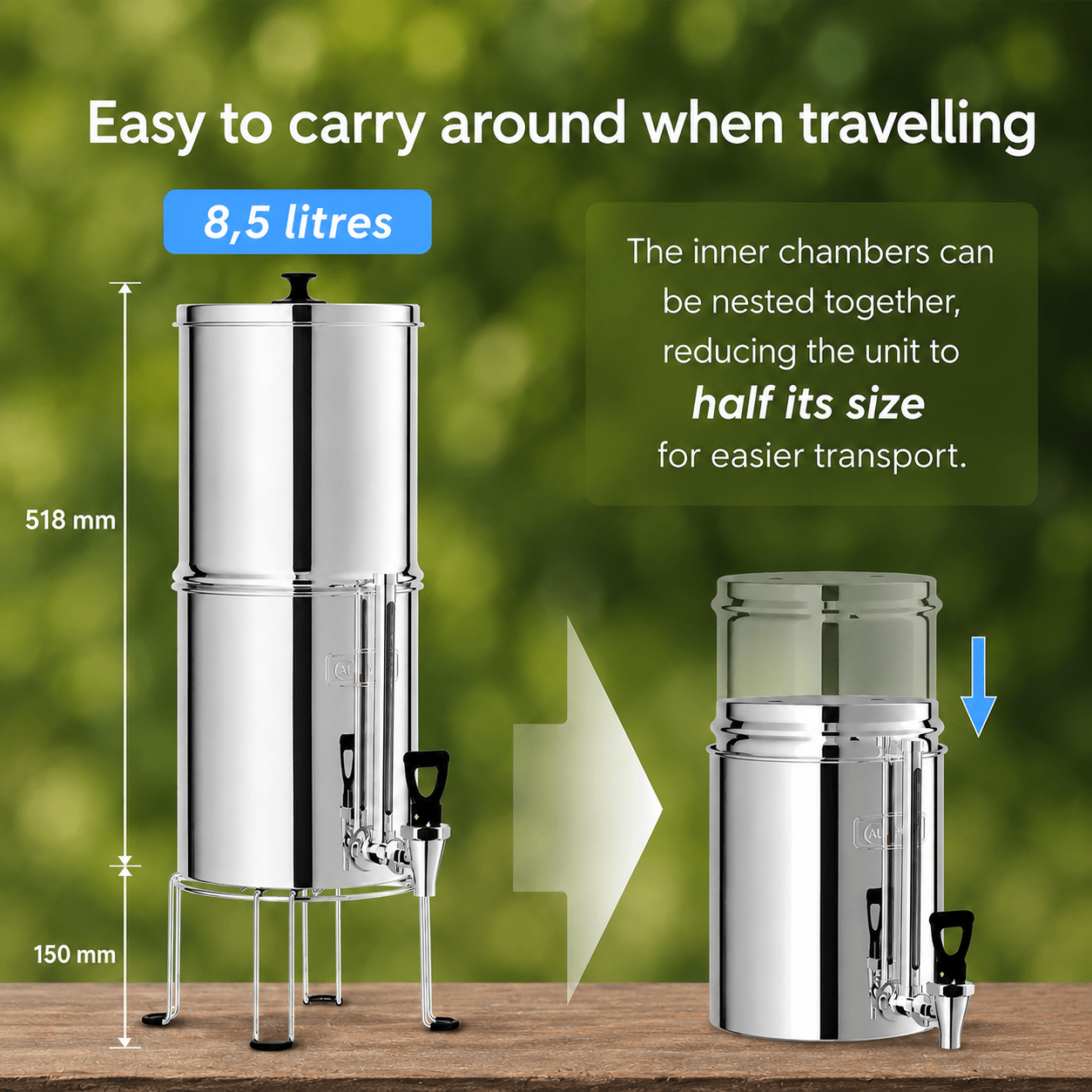 RVS Zwaartekracht Waterfiltersysteem (8,5l) incl. 2 Koolstoffilters & 2 Fluoridefilters